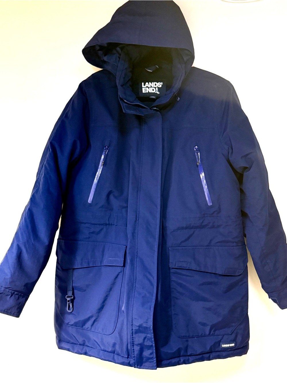 Like New LANDS END Blue Winter Squall Coat Hood Waterproof Heavy Duty Pockets